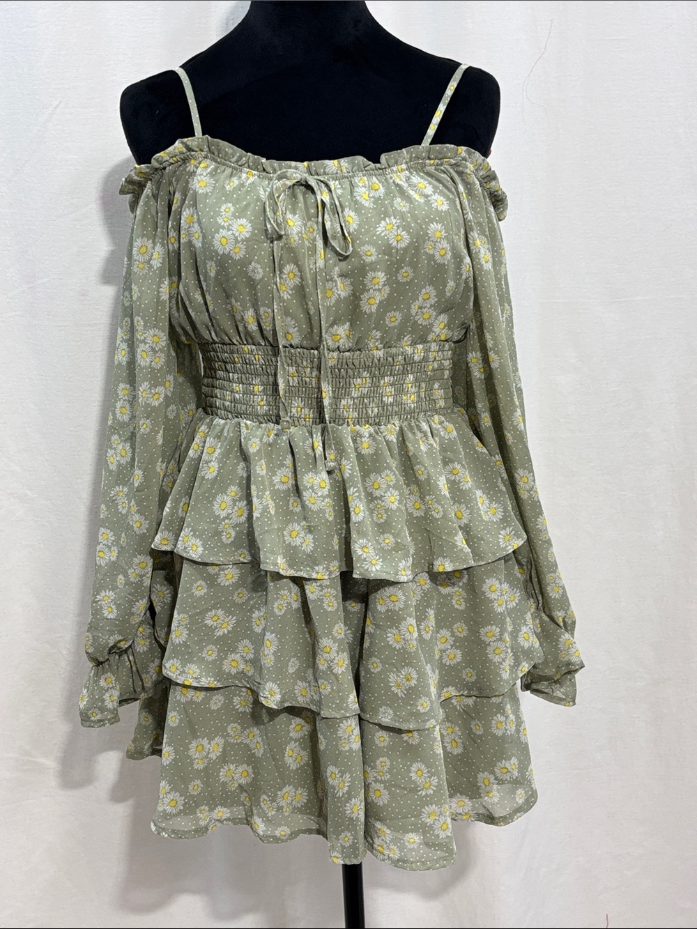 Daisy Print Sage Green Tiered Ruffle Mini Off-Shoulder Mini Dress 214 party chic